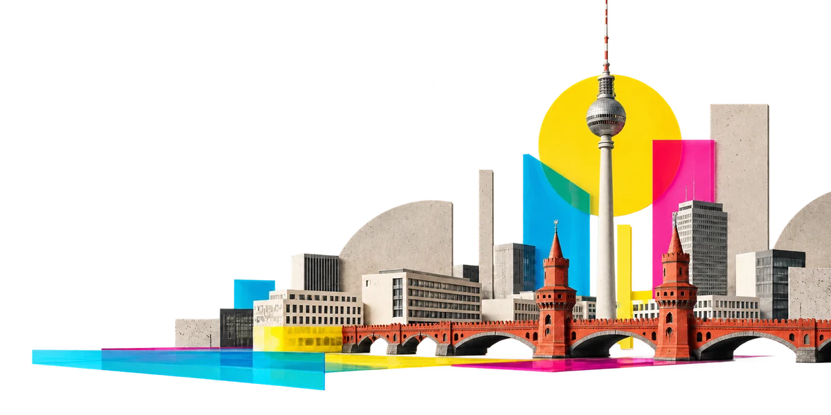 Berlin landmarks illustrated in cyan, magenta and yellow, including the Fernsehturm and Oberbaum Bridge