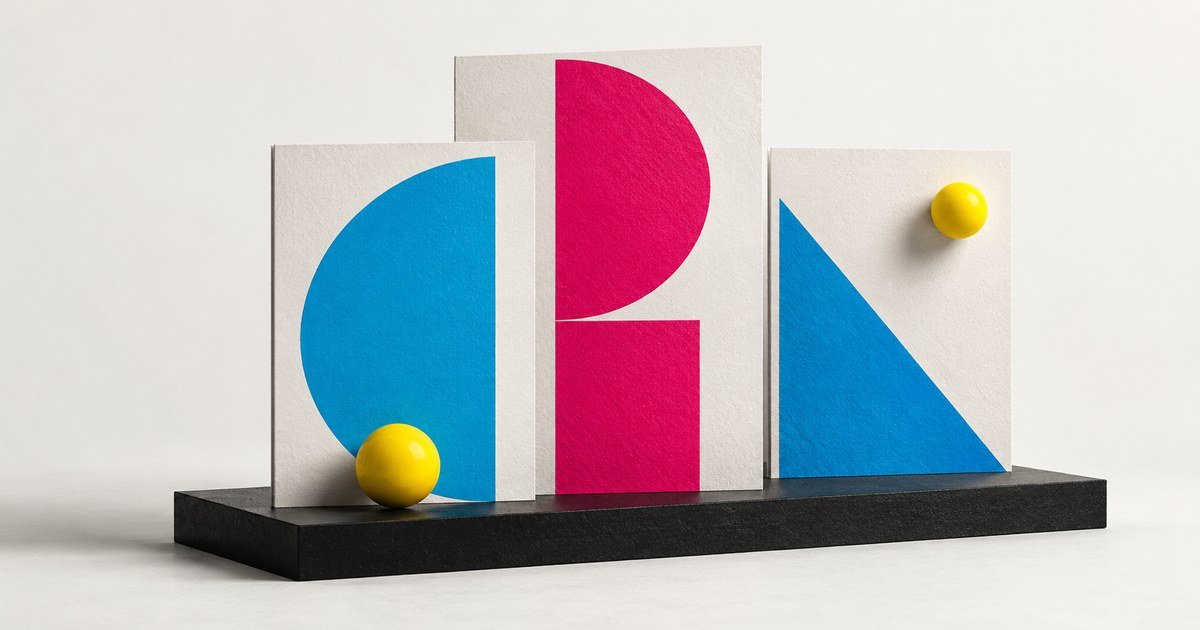 Three composition boards arranged on a black plinth with cyan, magenta and yellow forms.
