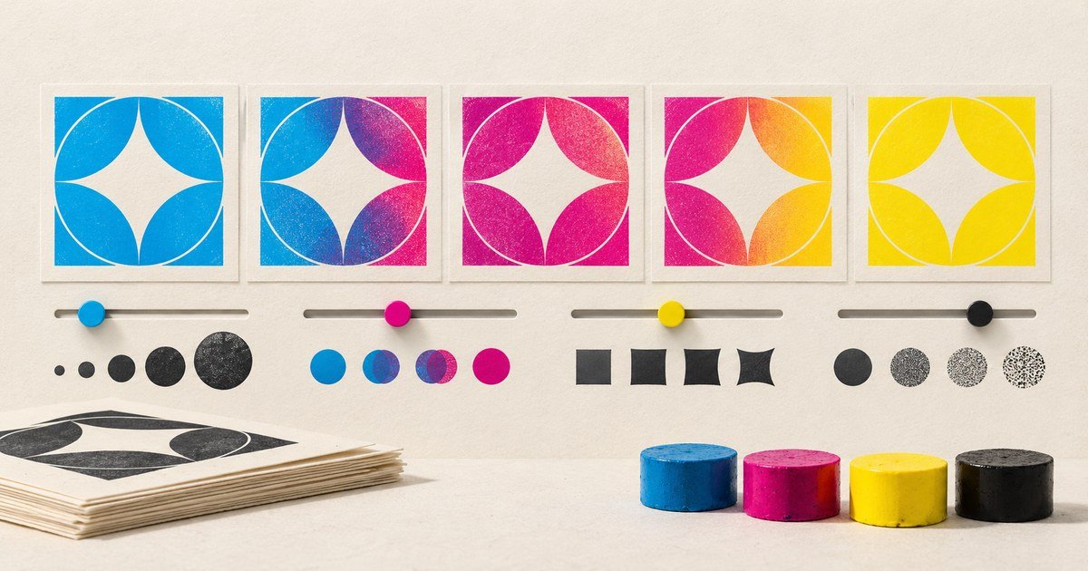 Repeated geometric motifs vary through colour, texture and spacing.