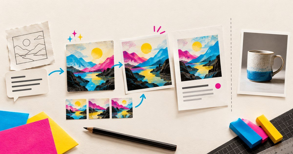A creative process connects a sketch, generated imagery and an editorial layout.