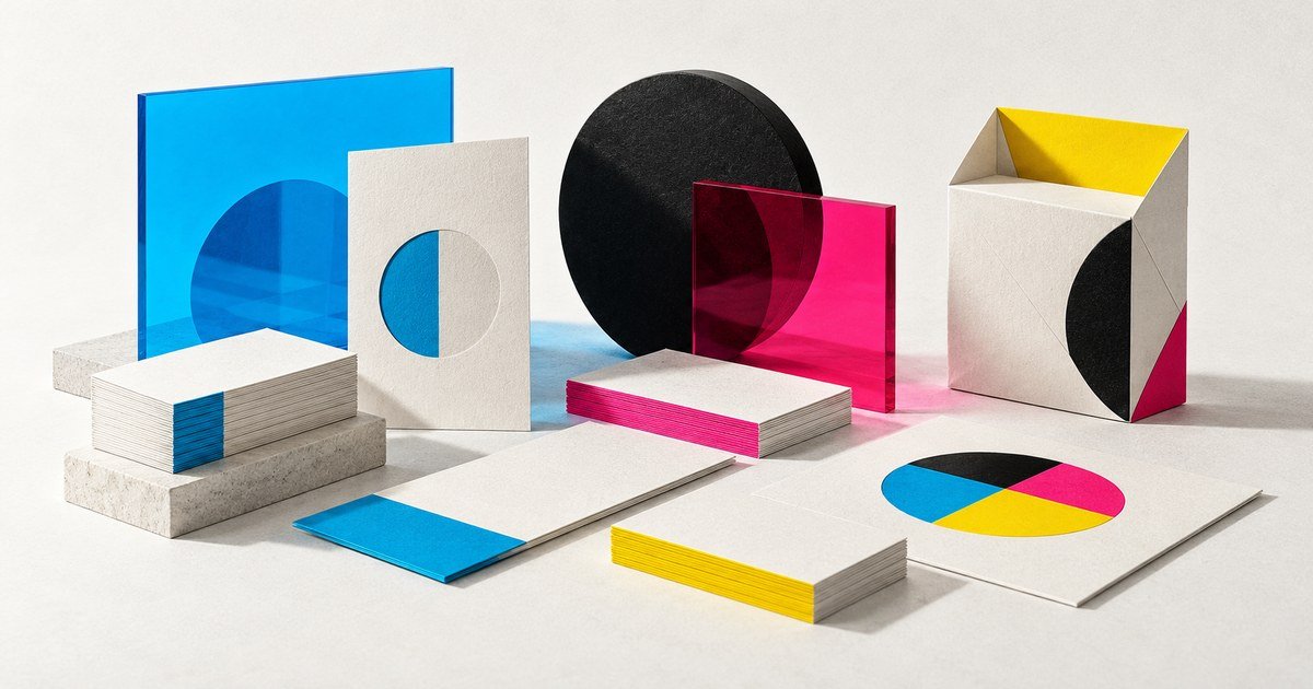 A coordinated set of blank cards, folded packaging and coloured geometric shapes.
