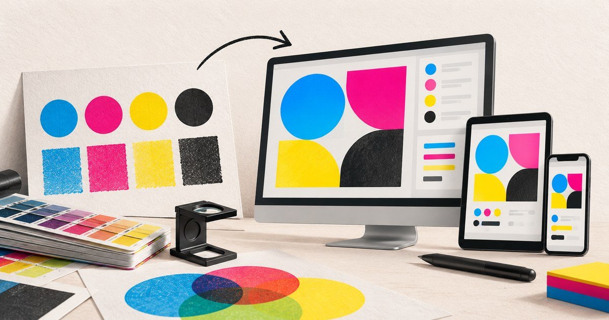 Printed CMYK swatches connect to colour studies on desktop, tablet and phone.