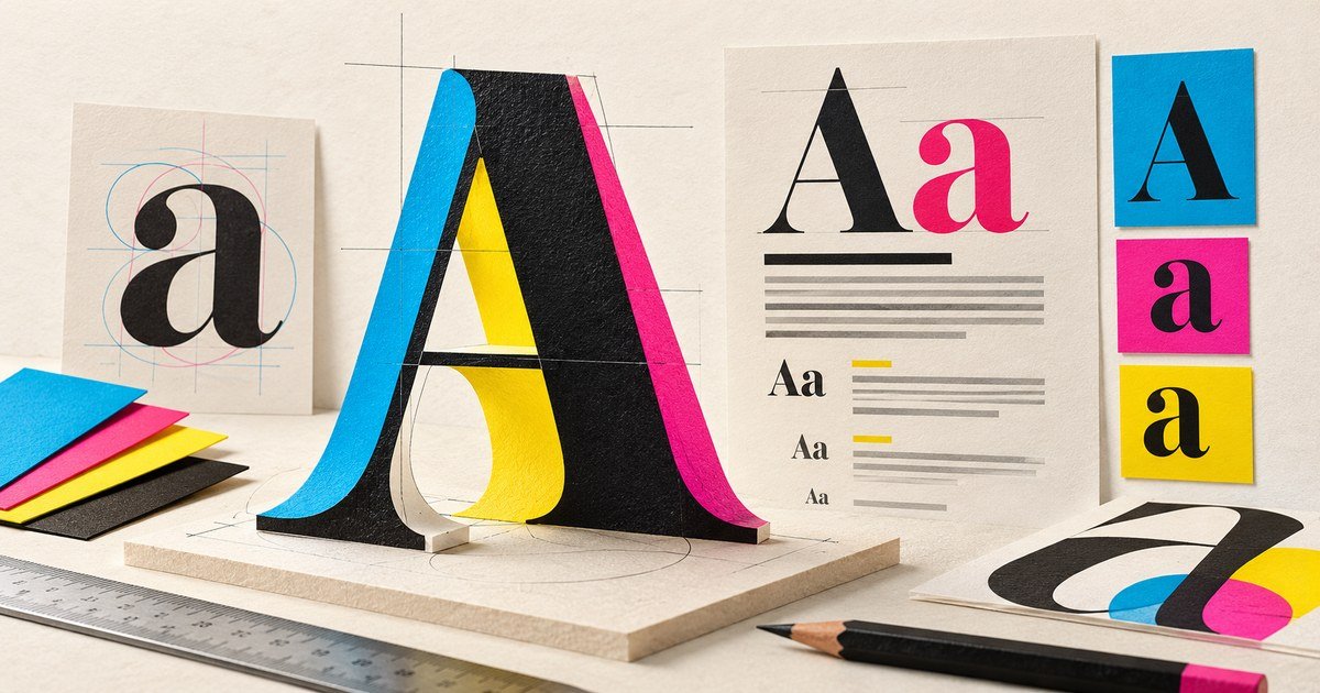 Large sculptural letterforms sit beside typographic specimen pages.