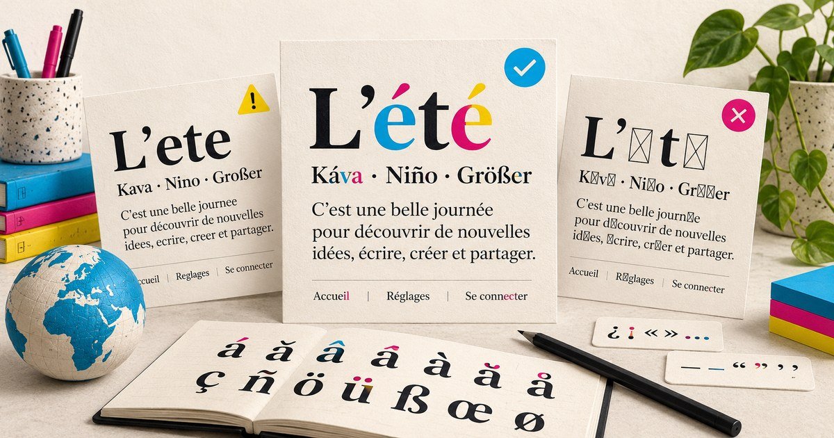 Type specimens compare supported accents and missing character glyphs.