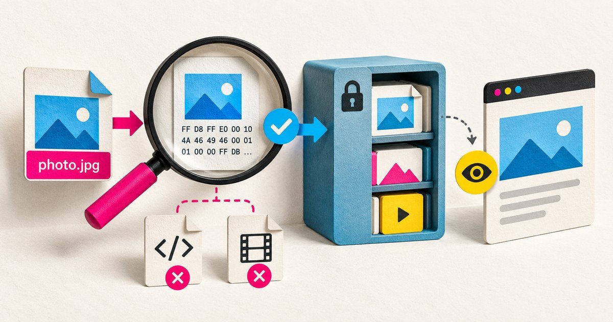 A file inspection flow checks uploaded images before publication.