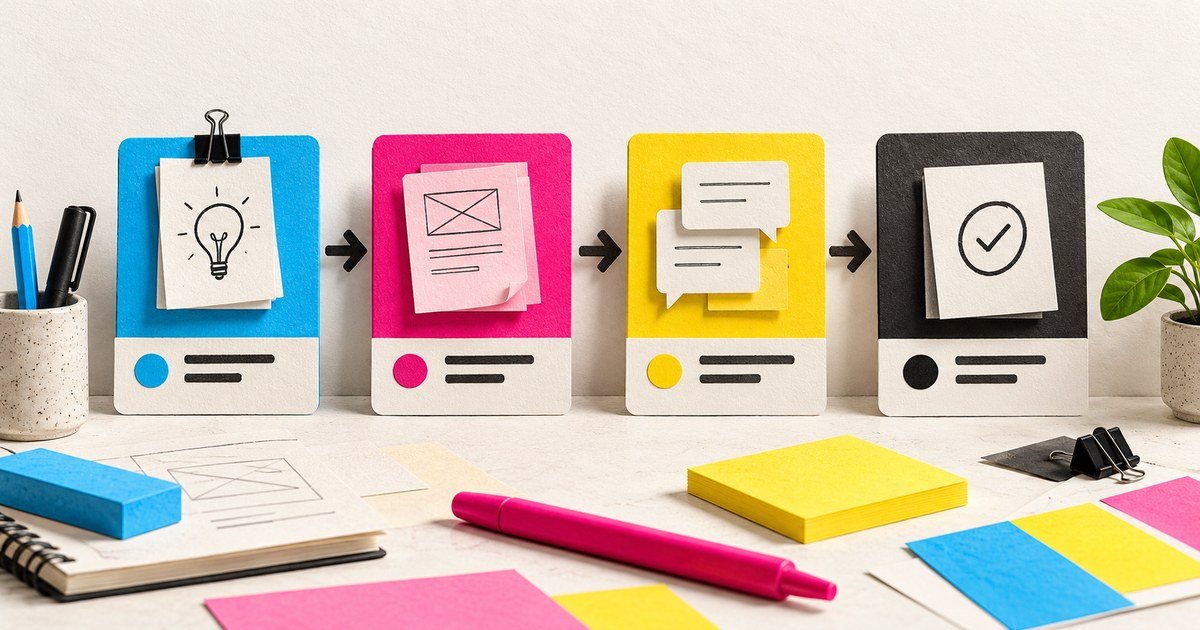 Project cards show a progression from idea and request to review and completion.