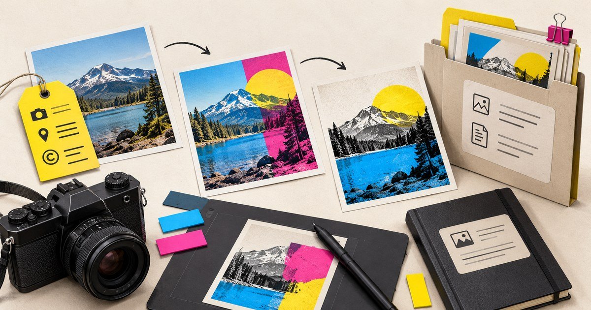 A camera and source photographs connect to reviewed image treatments.