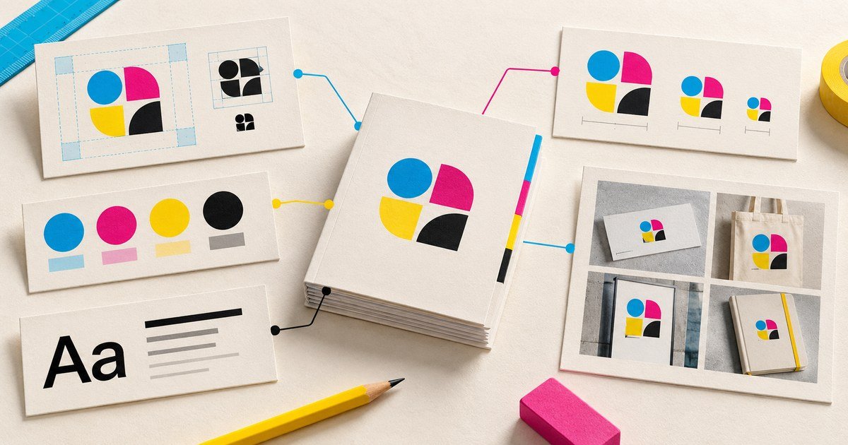 Brand guideline pages organise logo, typography, colour and application examples.