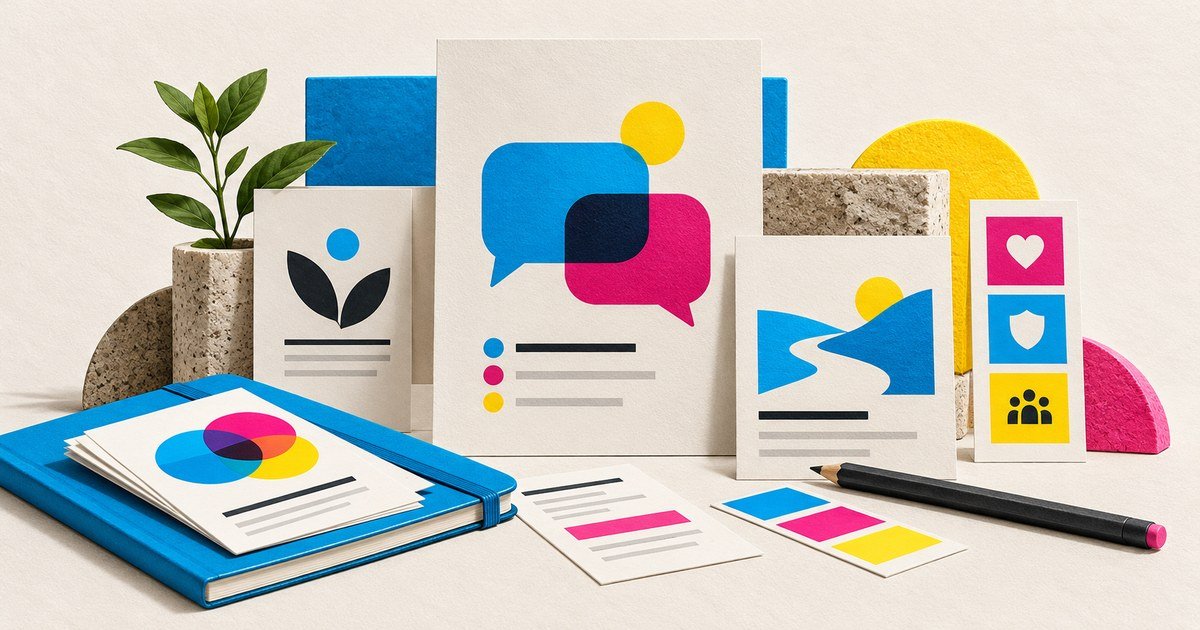 Communication cards and protective symbols arranged beside a CMYK visual identity.