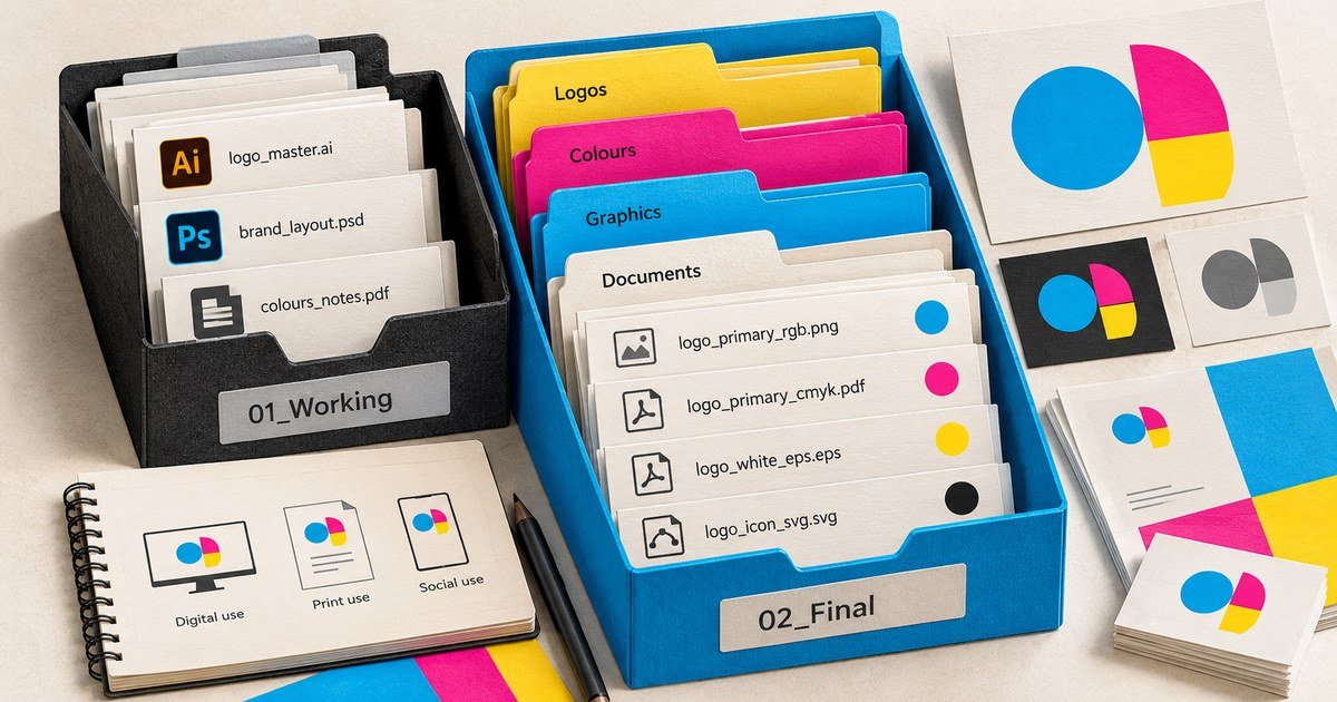 Labelled folders organise logo, colour and graphic assets for handover.