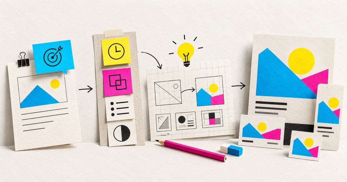 Planning cards, wireframes and arrows show the decisions behind a finished interface.
