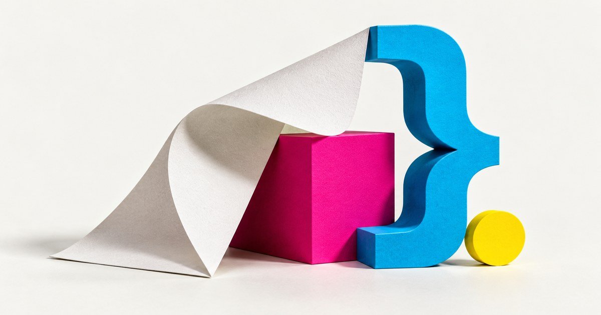 Folded paper and a cyan bracket with magenta and yellow geometric accents.