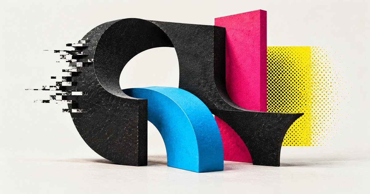 Black sculptural letterform fragments with cyan, magenta and yellow textured elements.