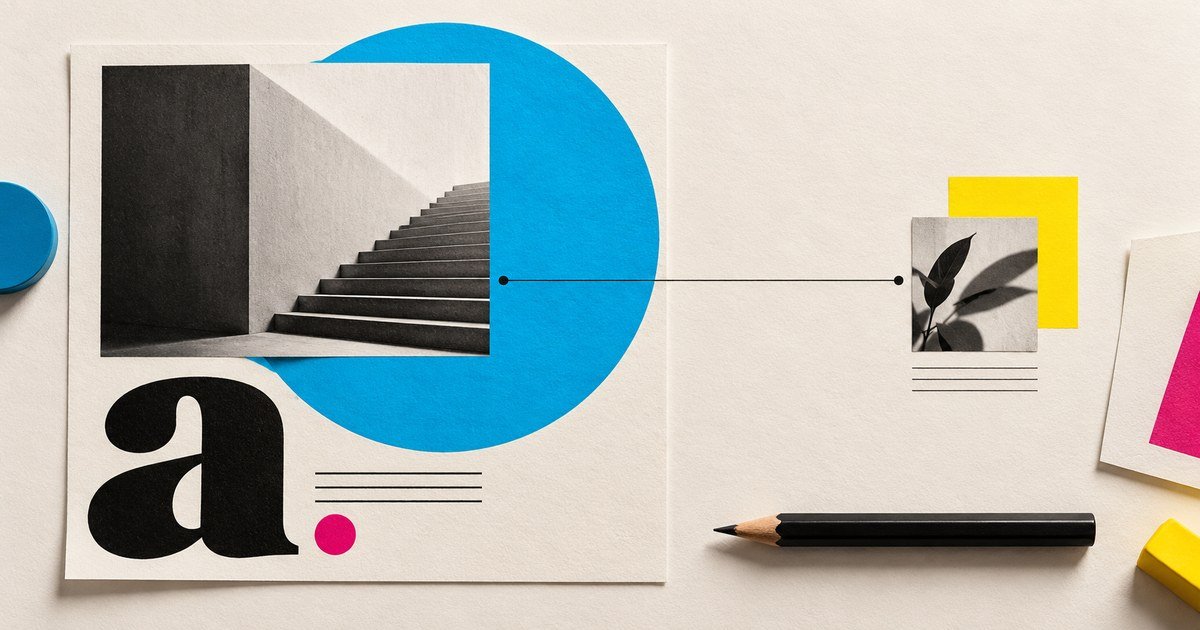 An asymmetric composition balances a photograph, large letter and colour shapes.