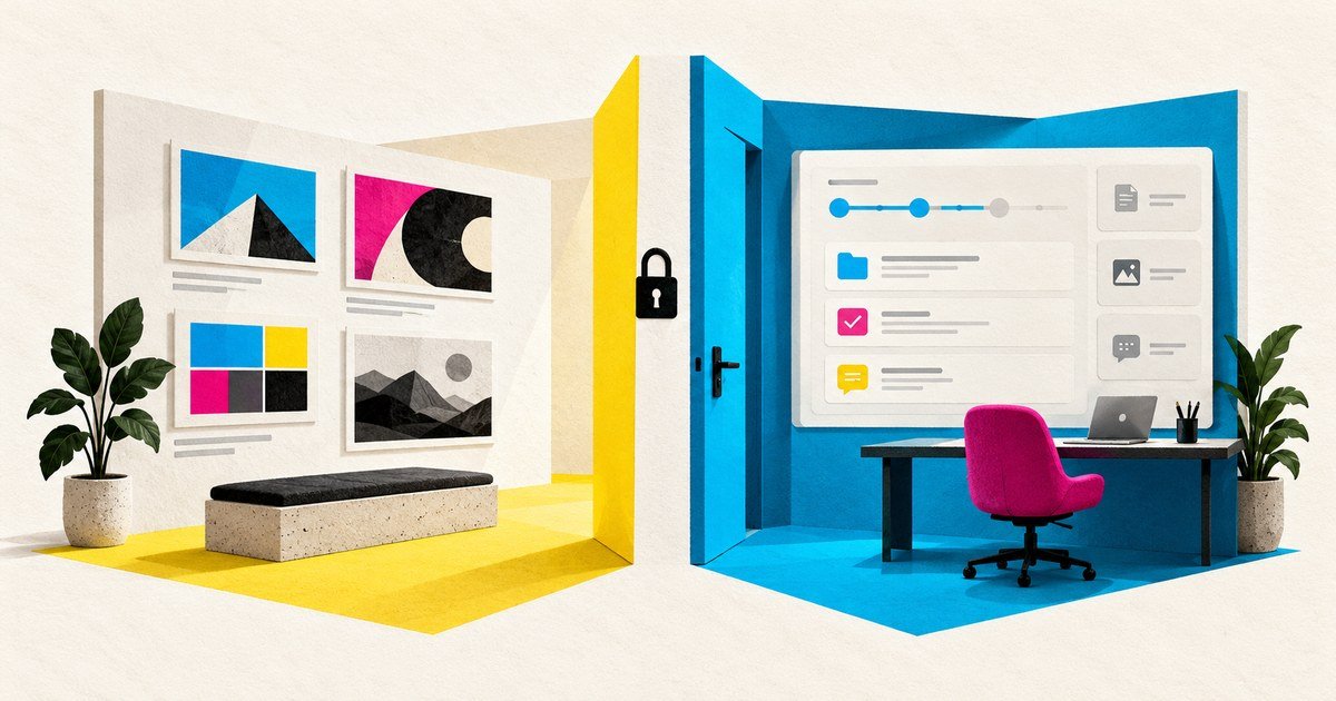 An open portfolio and a protected client workspace serve different purposes.