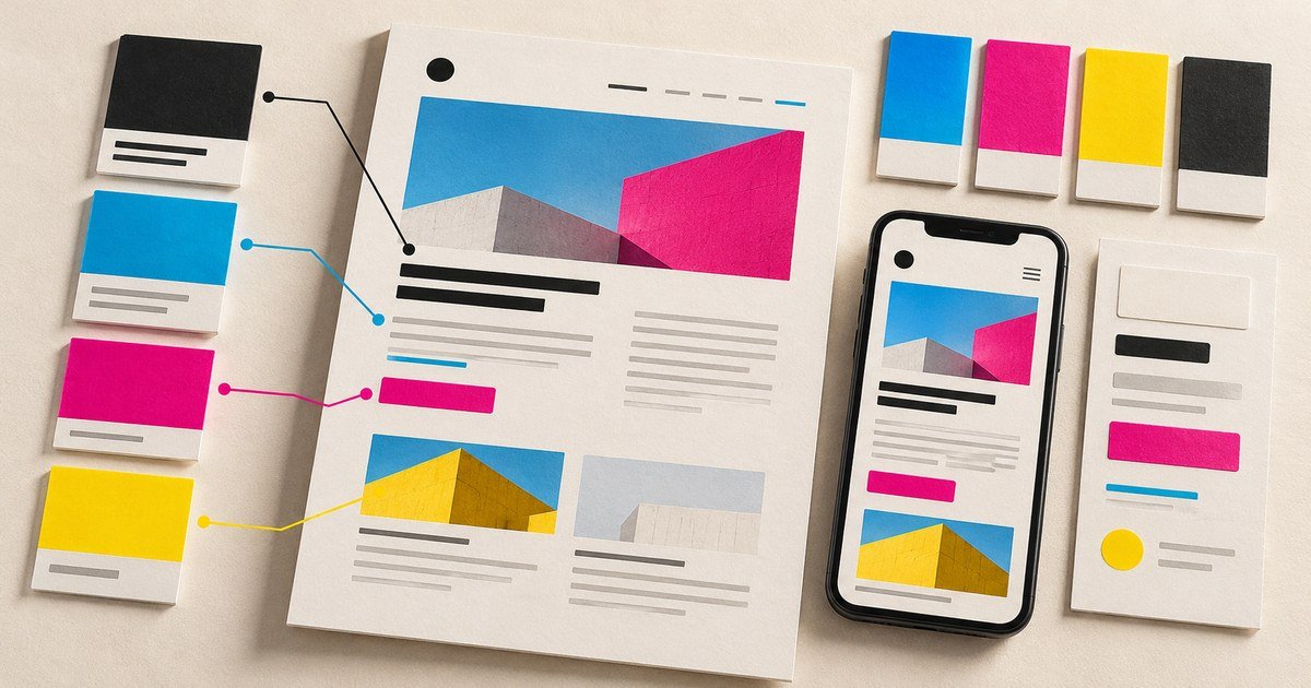 Cyan, magenta and yellow interface blocks assign distinct roles to page content.
