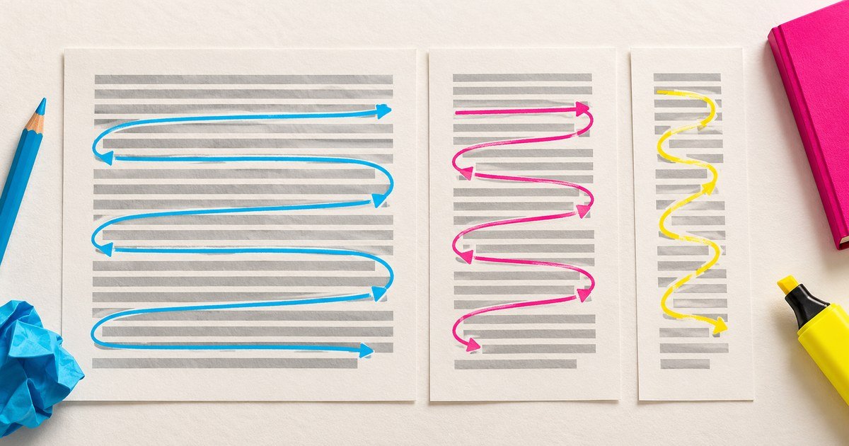 Coloured reading paths compare long, medium and short text line lengths.