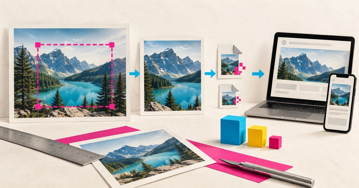 A source photograph becomes responsive image sizes for desktop and phone.