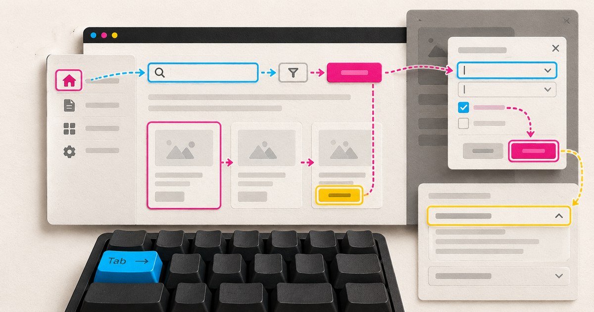 A keyboard Tab key connects focus states across an interface.