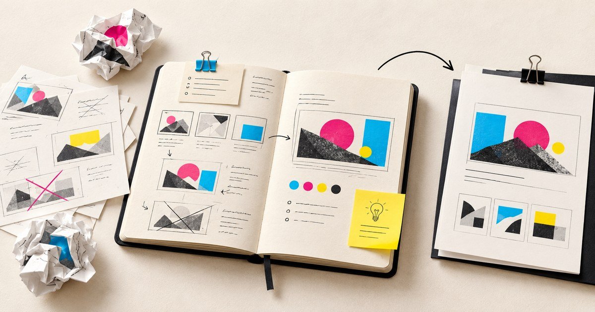 A design journal collects sketches, feedback and revised visual studies.