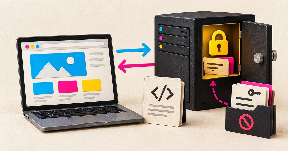 A public website exchanges information with protected server-side storage.