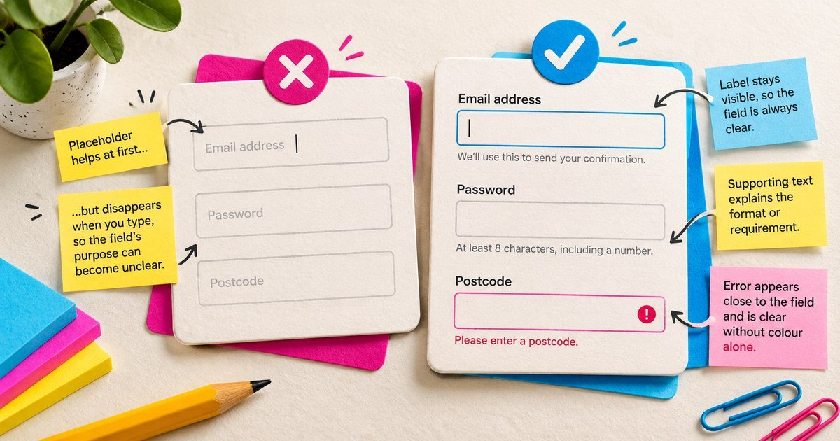 Form examples compare disappearing placeholders with persistent visible labels.
