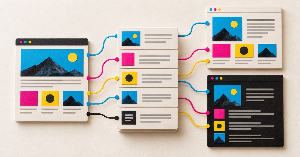 One content model connects to several visual website themes.