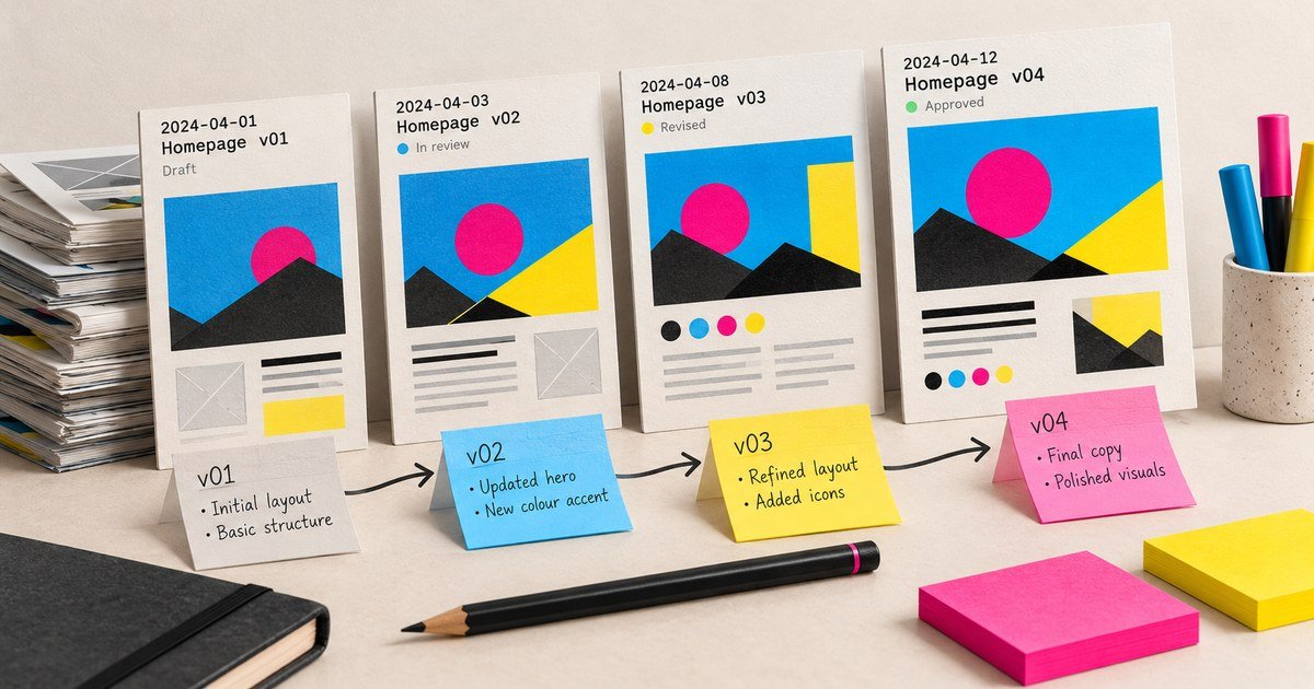 Four website versions are compared alongside dated revision notes.