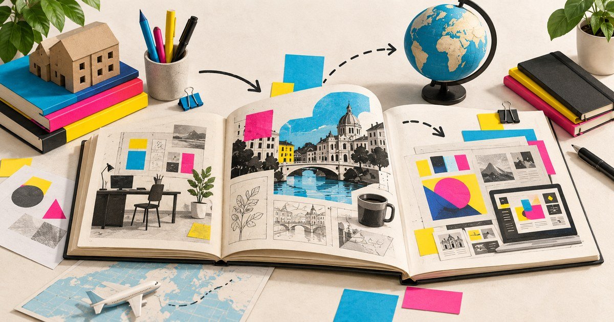 An open travel sketchbook connects visual research with design work on a laptop.