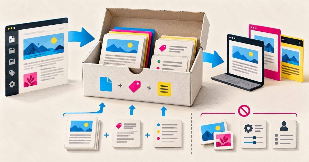 Content records move through an export archive into another website.