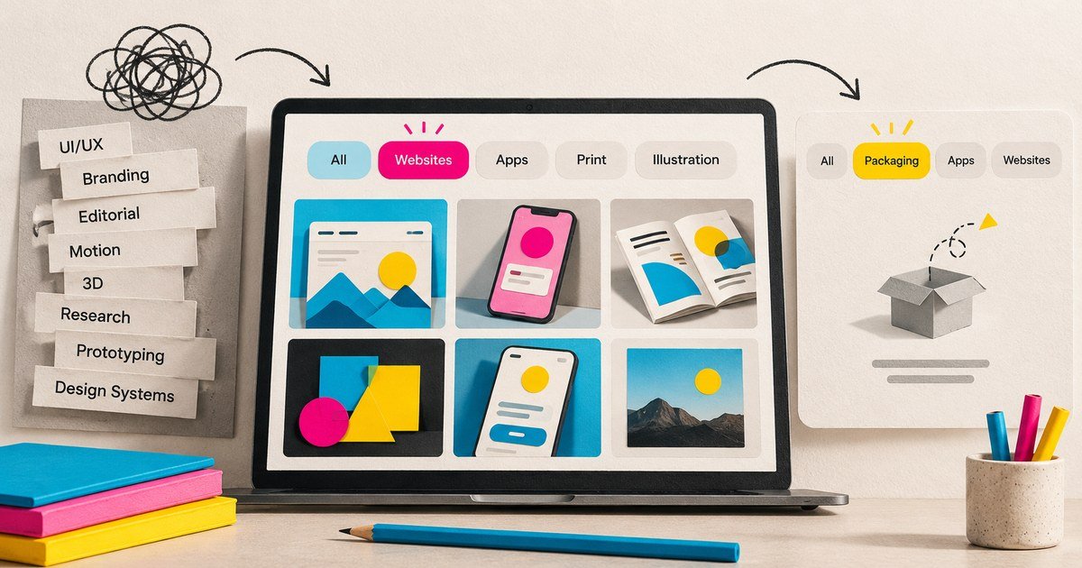 Plain-language category tabs organise a portfolio project grid.