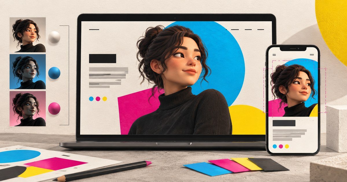 A stylised illustrated portrait appears across desktop and mobile interfaces.