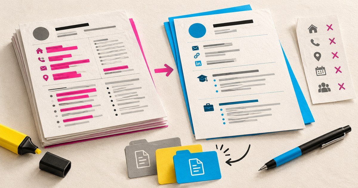 A detailed private CV is simplified into a public career summary.