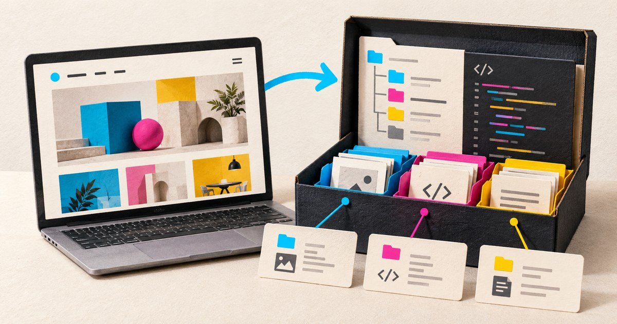 A portfolio website connects to an organised source-code repository.
