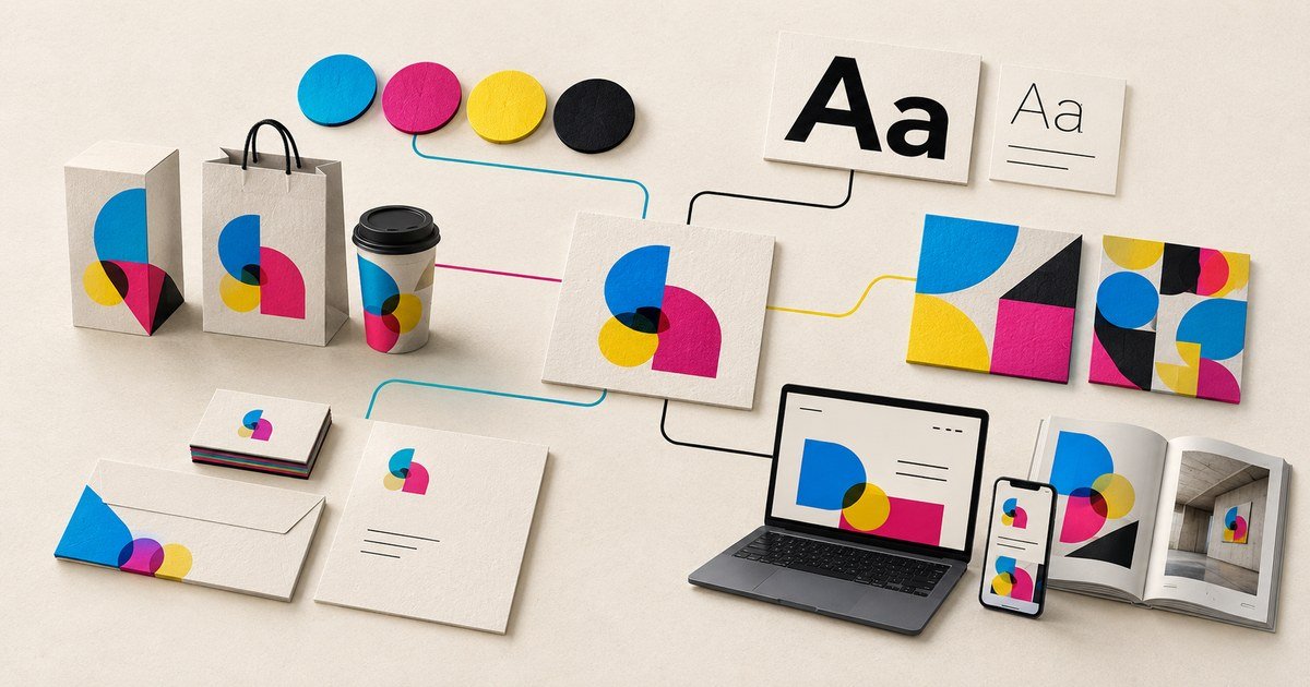 A visual identity connects printed stationery, packaging and digital screens.