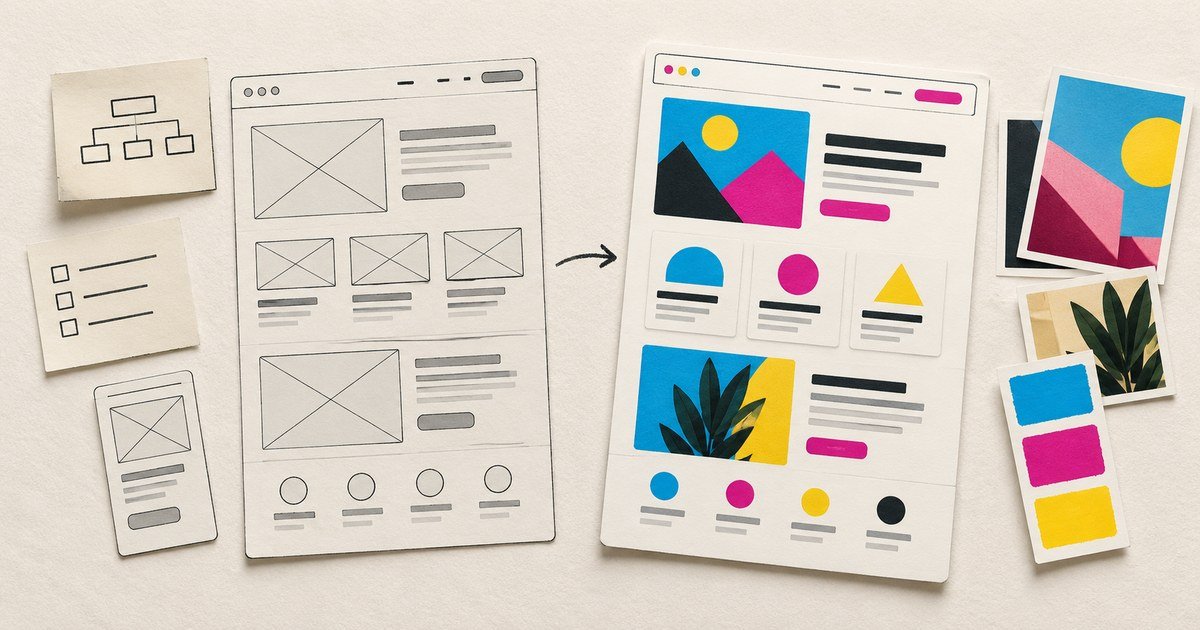 A wireframe is developed into a colourful visual interface.
