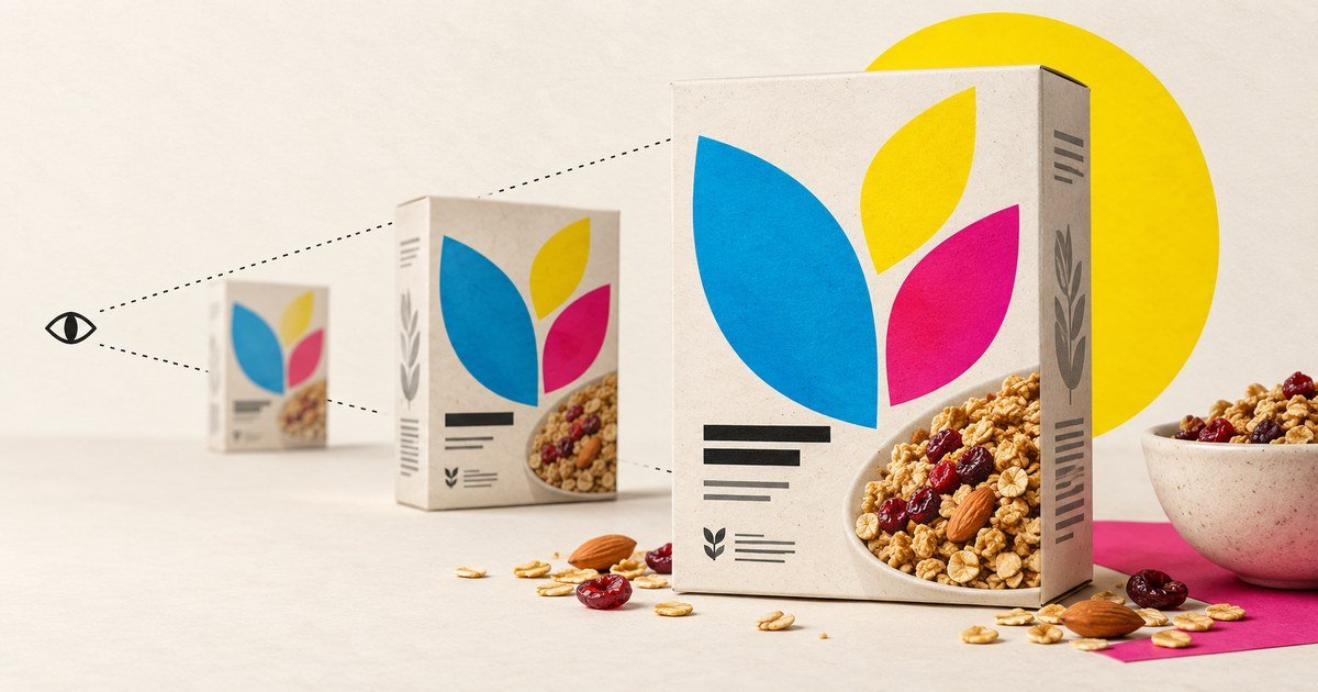 Packaging studies compare hierarchy and recognition on a product box.