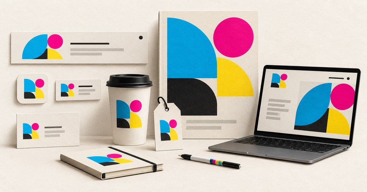 One visual identity appears across packaging, stationery and a website.