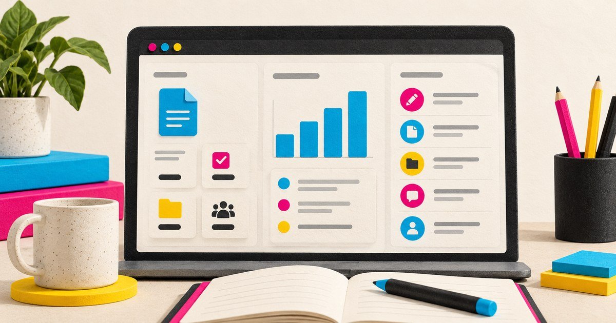 A dashboard organises actual content records and status summaries.