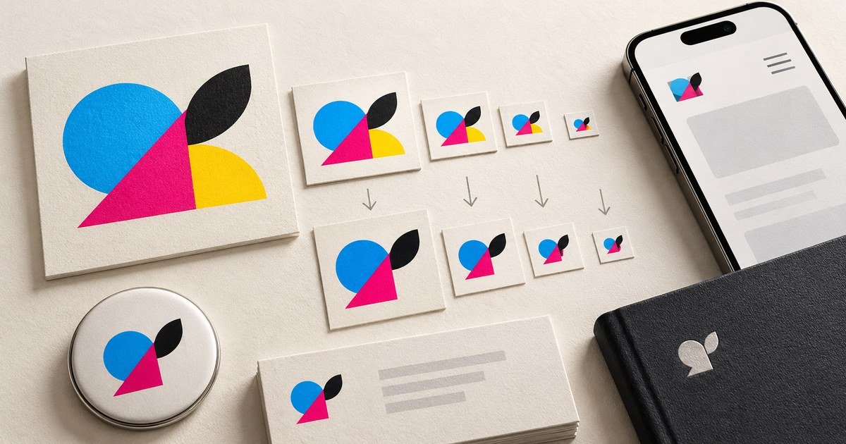 A geometric mark is tested across small printed cards and a phone screen.