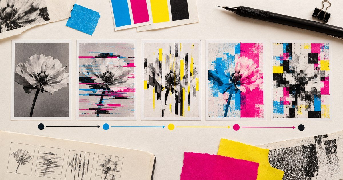 A photographic study develops through layered glitch experiments.