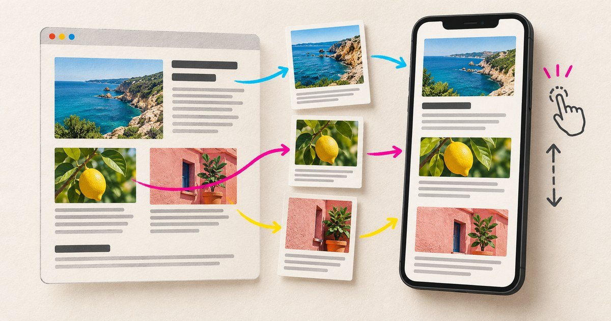 A desktop page is recomposed into a vertically organised mobile layout.