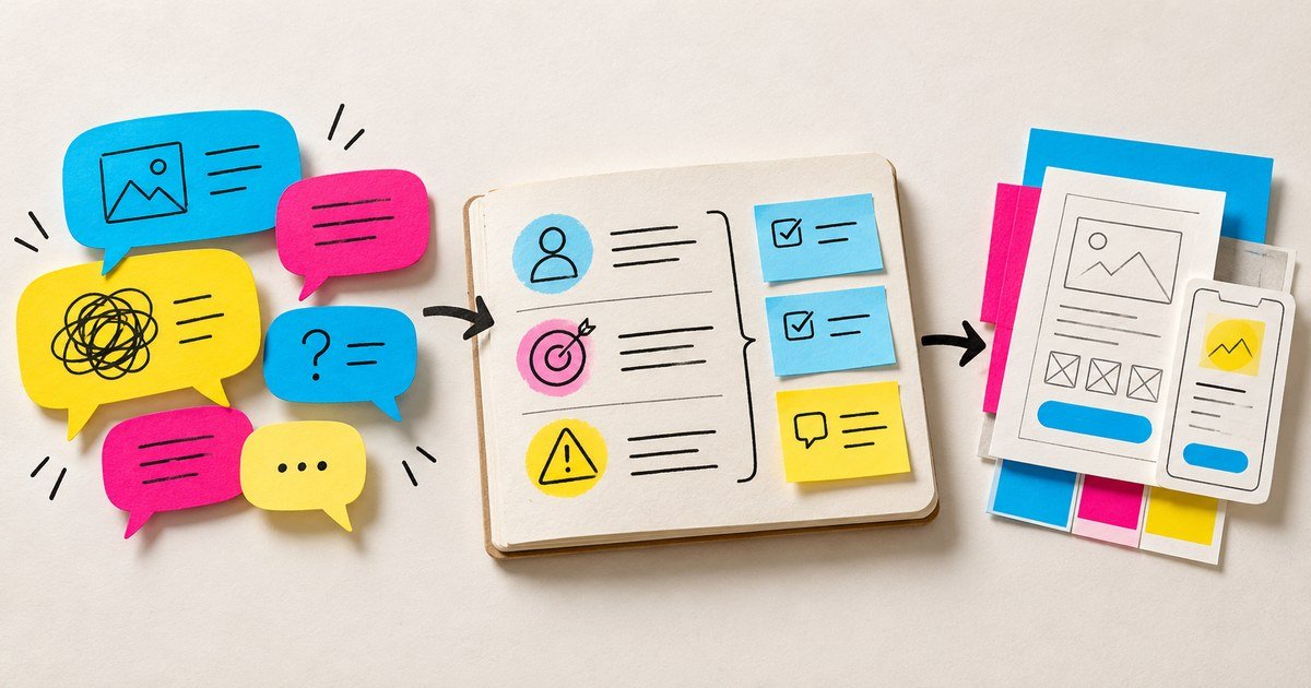 Client conversation bubbles become a structured brief and design wireframes.