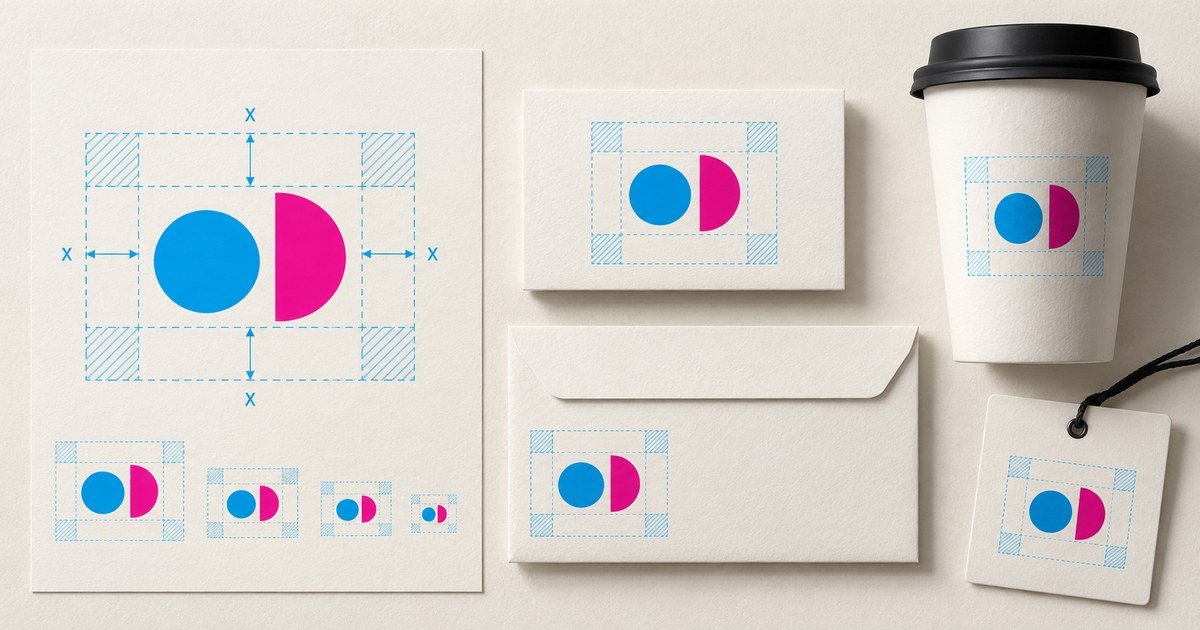 A geometric logo is surrounded by clear-space measurements and application examples.