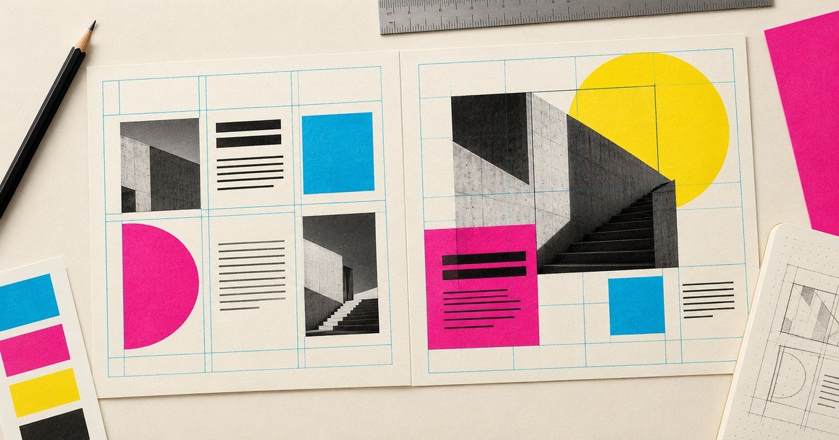 A modular page grid supports image, typography and colour studies.