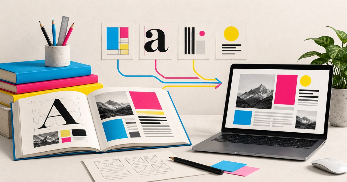 Design books, typography studies and colour swatches connected to a laptop interface.