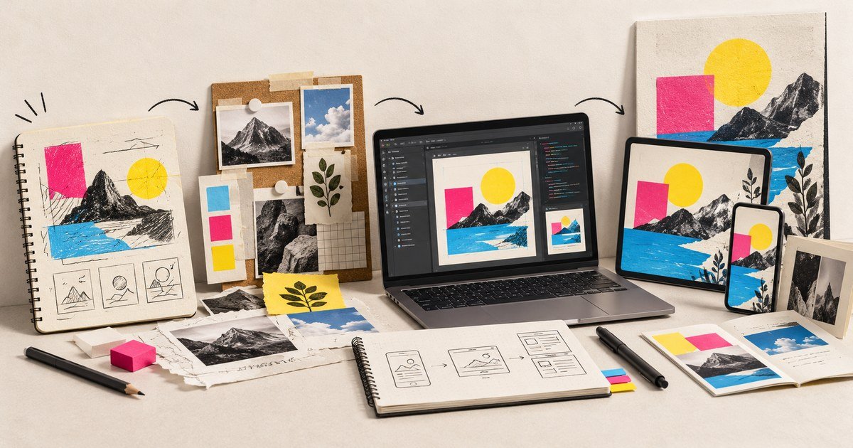 A laptop, tablet and sketchbook present an independent visual design project.